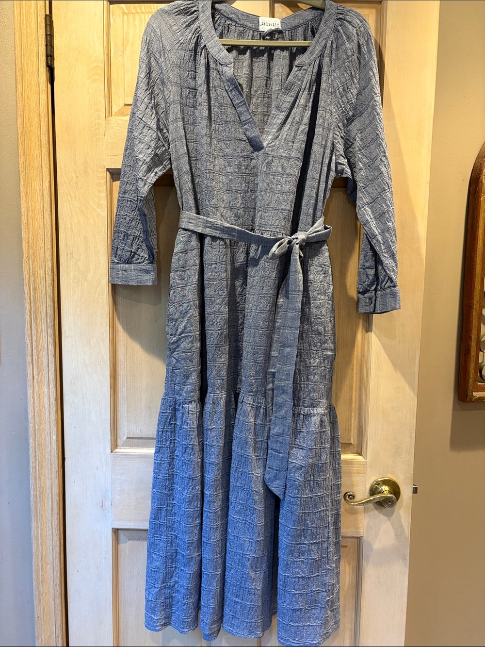 Felicite 100% Cotton Blue Textured Belted Tiered Maxi Dress Size 4 (Large)